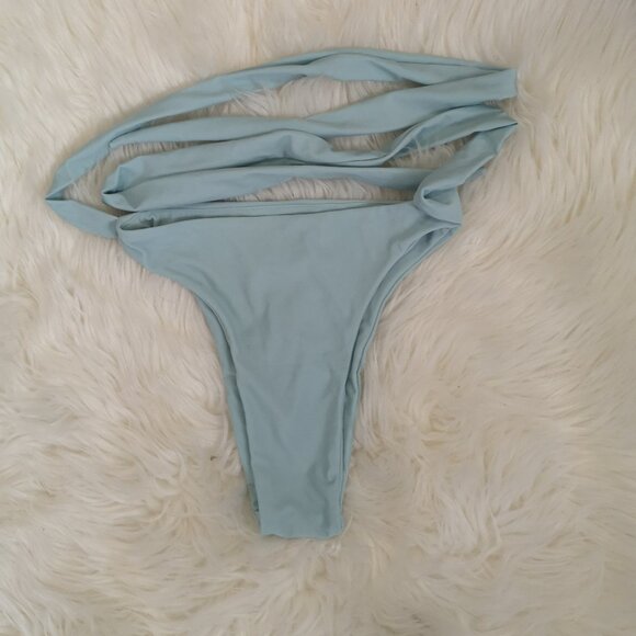 Oh Polly Spill The Tea Tie Waist Thong Bikini Bottoms in Light Teal - Size XS - Picture 4 of 7
